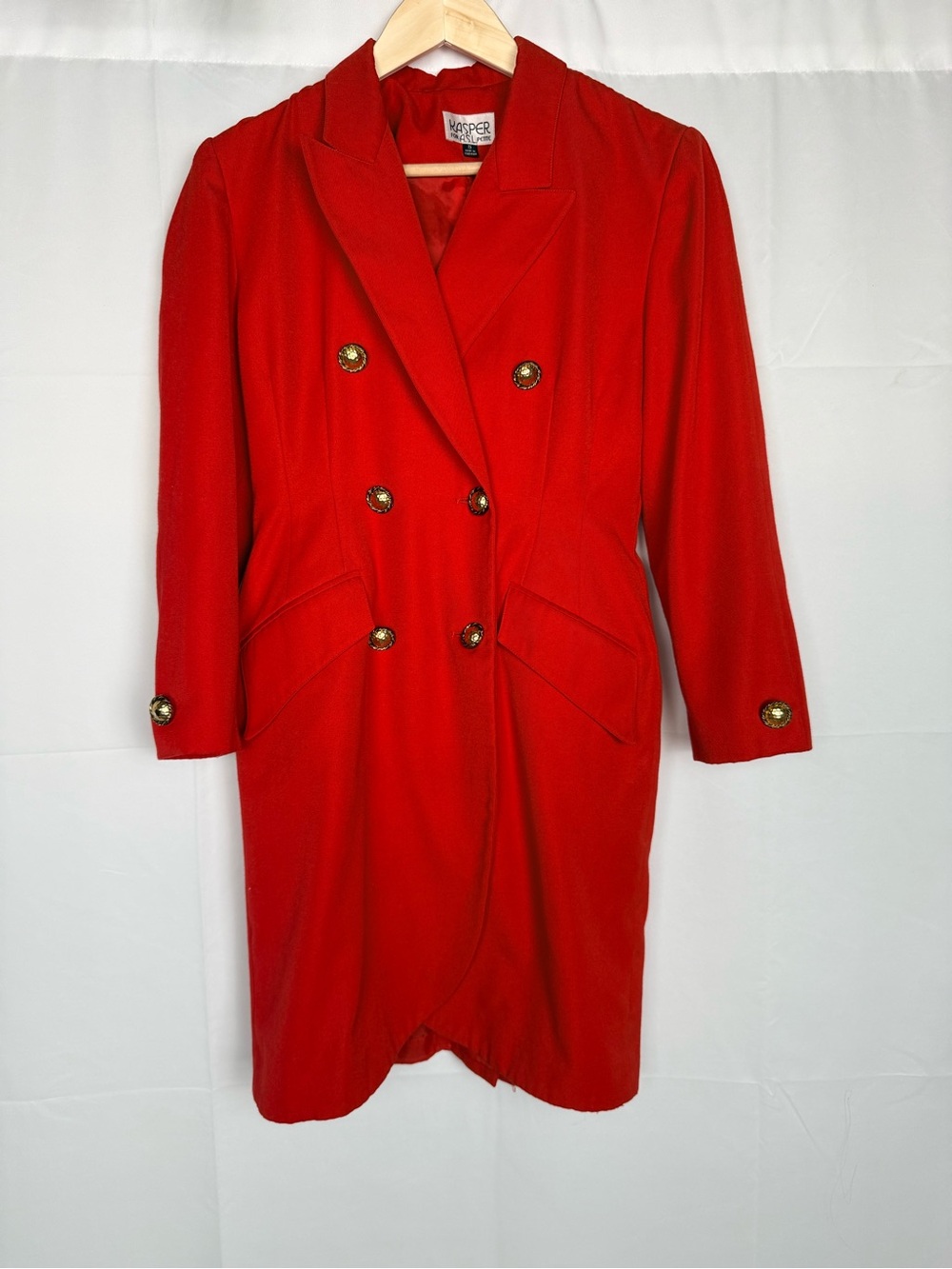 Vintage Kasper for ASL Petite Red Double-Breasted Trench Coat with Gold Buttons
